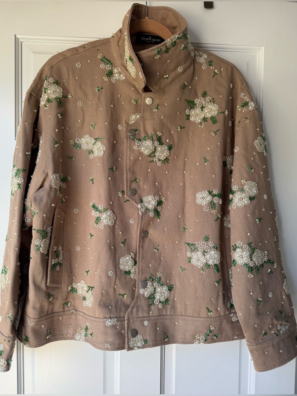 Rich Radi Q’S Beaded Floral Tan Jean Jacket -